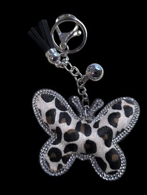 Leopard Print Butterfly Bag Charm Keychain - Black & White